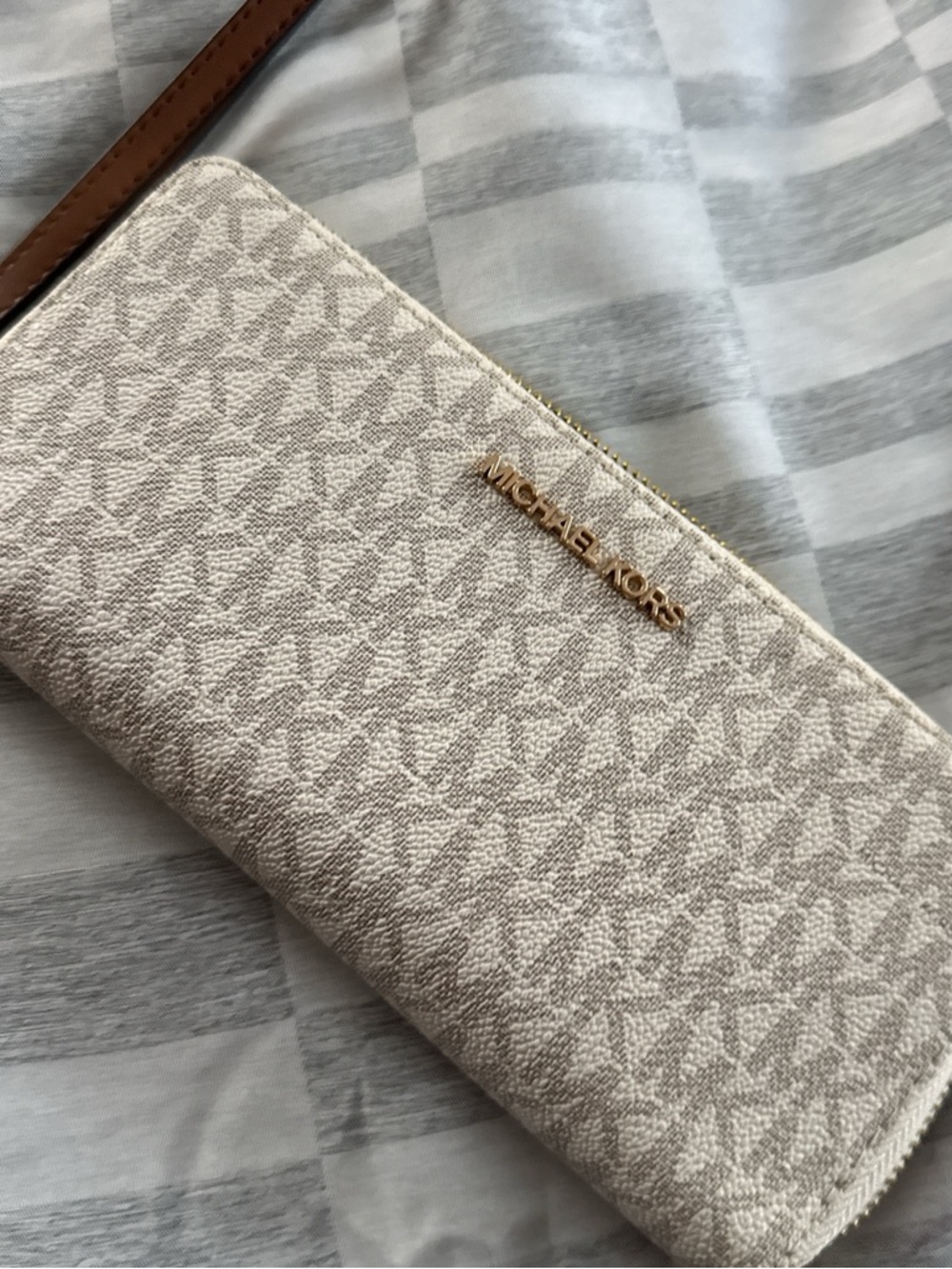 Michael Kors Tan/Brown Leather Zip Around Wallet with Gold Hardware